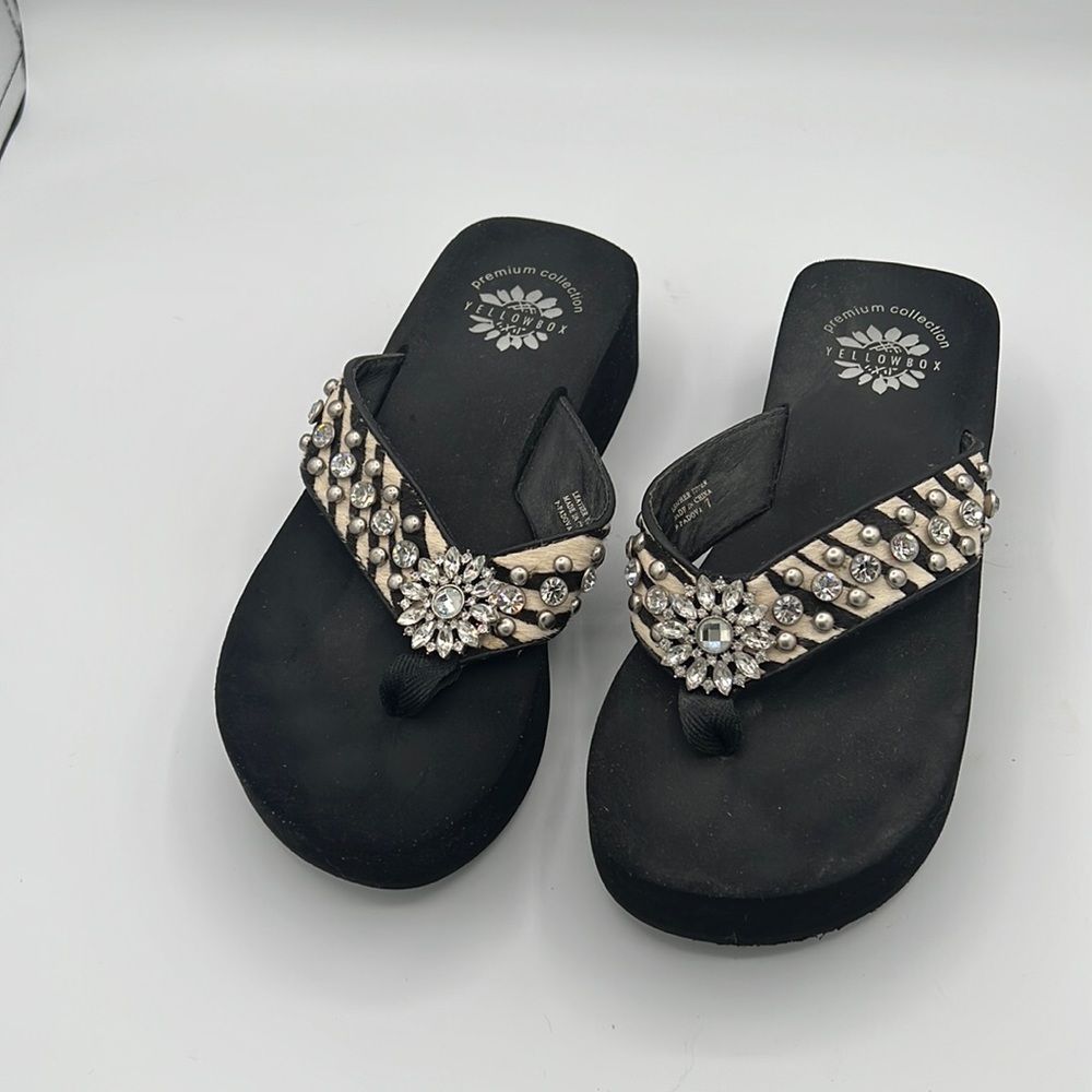 Black flip flop with stones and zebra design Yellow Box size 7